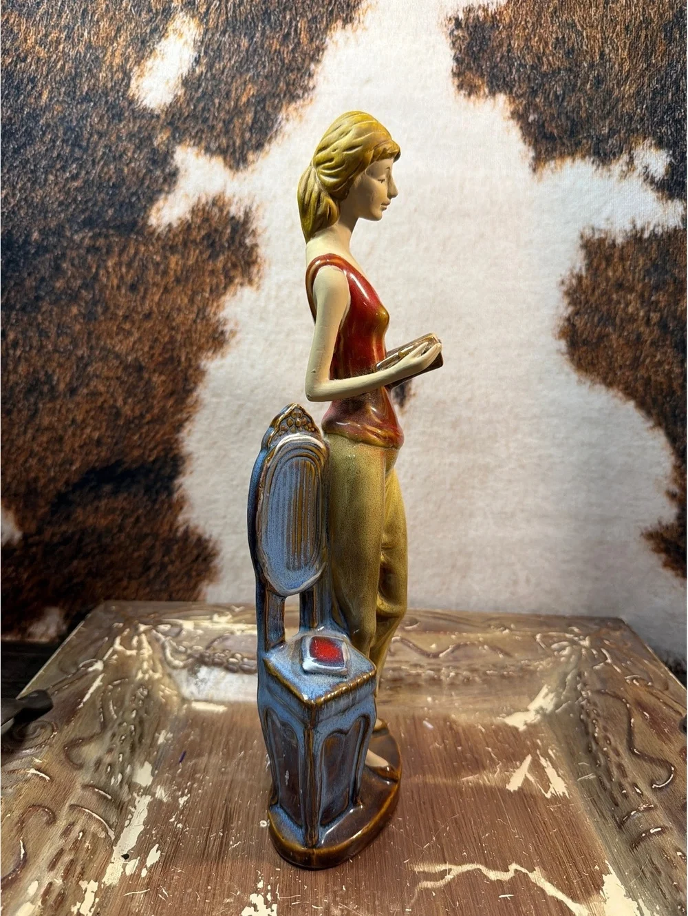 Vintage Ceramic Figurine of Woman Reading by Chair